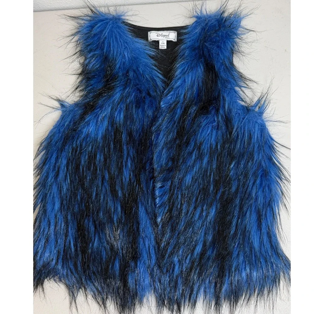 D-Signed Disney Girls Blue Black Faux Fur Ribbed Back Vest Size S 7/8 Baddiecore